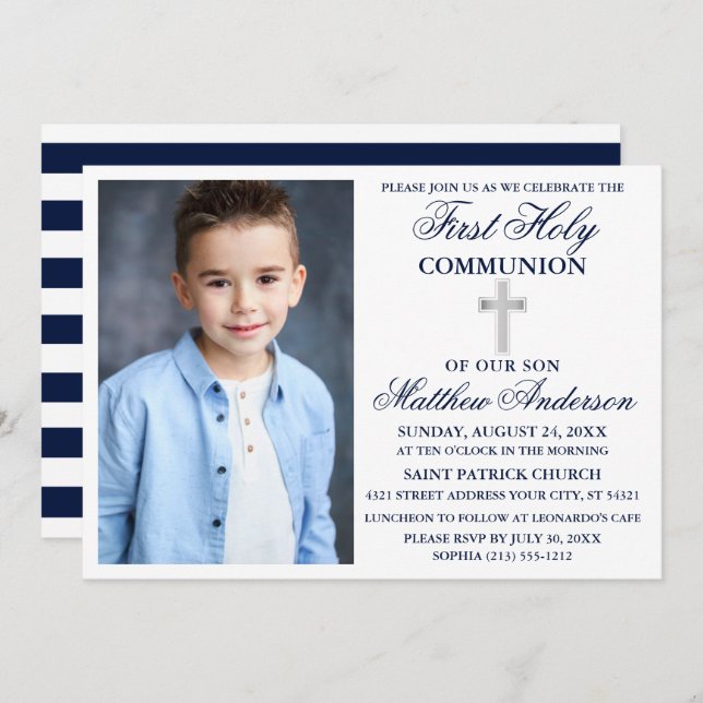 First Holy Communion Navy Blue Silver Stripes Invitation (Front/Back)