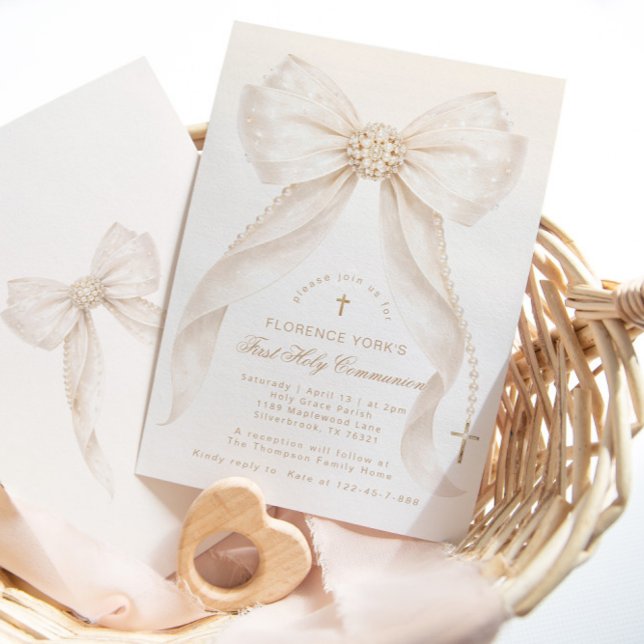 First Holy Communion Neutral Bow Pearls Gold Invitation (Creator Uploaded)