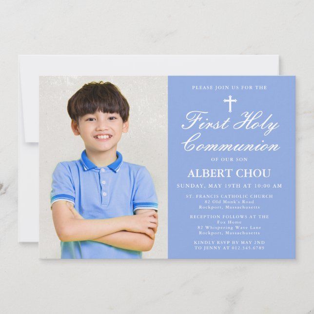 First Holy Communion One-Photo Boy Blue White Invitation (Front)