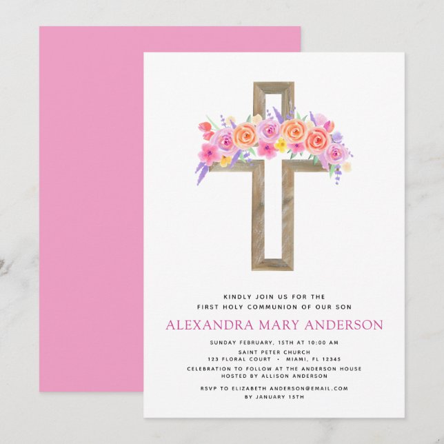 First Holy Communion Pastel Floral Pink Invitation (Front/Back)