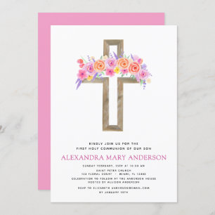First Holy Communion Pastel Floral Pink Invitation