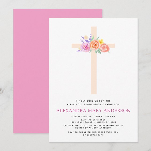 First Holy Communion Pastel Floral Pink Invitation (Front/Back)