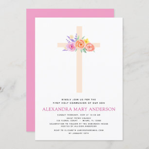 First Holy Communion Pastel Floral Pink Invitation