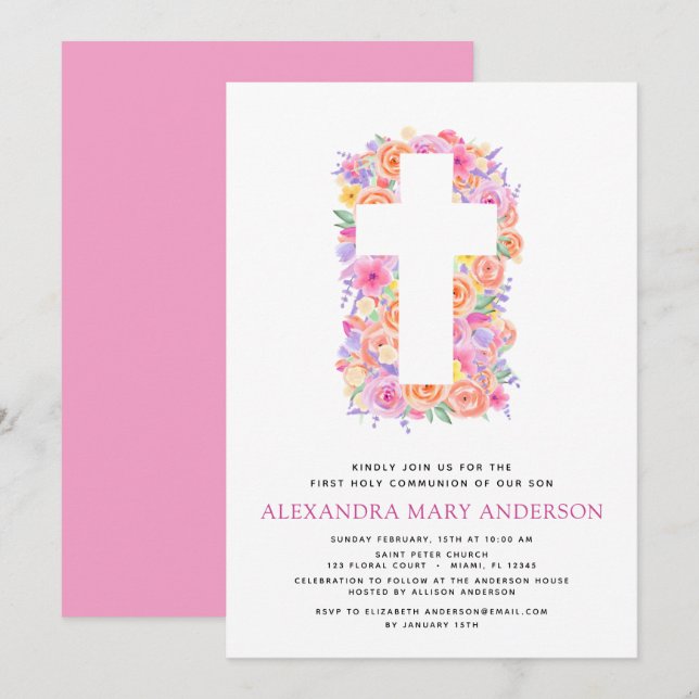 First Holy Communion Pastel Floral Pink Invitation (Front/Back)