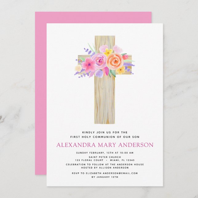 First Holy Communion Pastel Floral Pink Invitation (Front/Back)