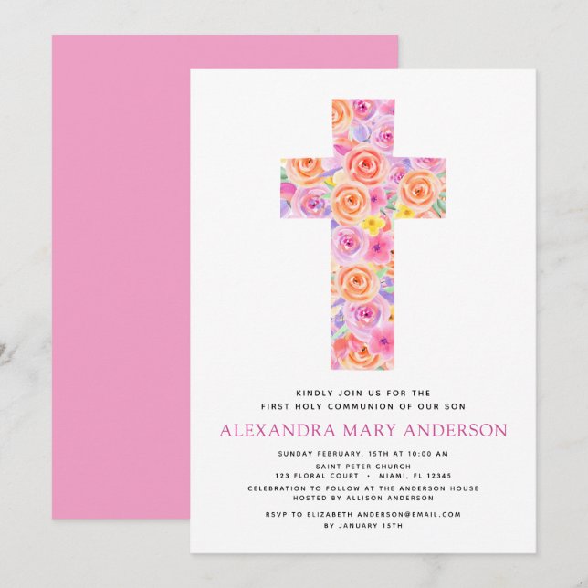 First Holy Communion Pastel Floral Pink Rose Invitation (Front/Back)