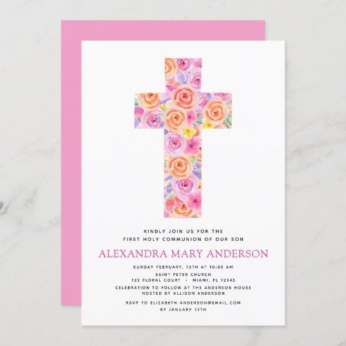 First Holy Communion Pastel Floral Pink Rose Invitation