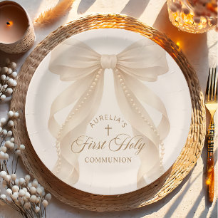First Holy Communion Pearls Bow Paper Plates