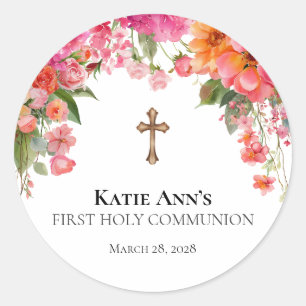 First Holy Communion Personalized Floral Sticker