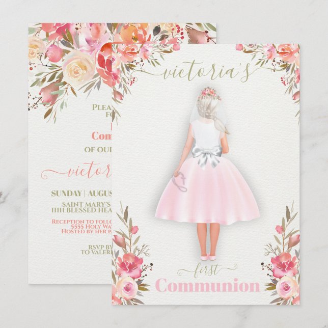 First Holy Communion Personalized Portrait Girl In Invitation (Front/Back)