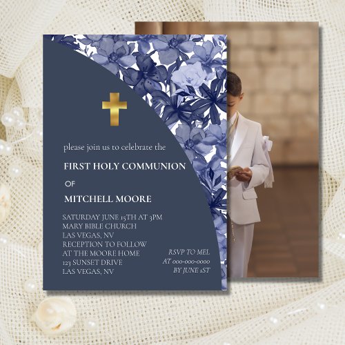 First Holy Communion Photo Arch Navy Blue Floral Invitation