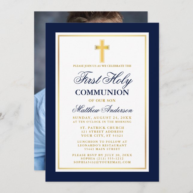 First Holy Communion Photo Blue Gold Invitation (Front/Back)