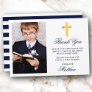 First Holy Communion Photo Blue Stripes Gold Thank You Card