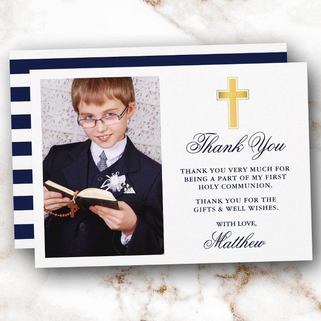 First Holy Communion Photo Blue Stripes Gold Thank You Card (Customize to change text size, color or text style.)
