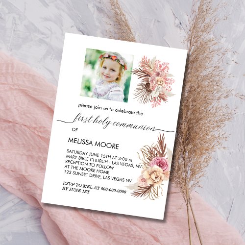 First Holy Communion Photo Boho Dusty Rose Floral Invitation