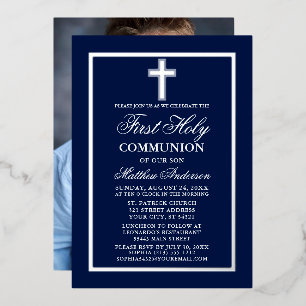 First Holy Communion Photo Cross Navy Blue Silver Foil Invitation