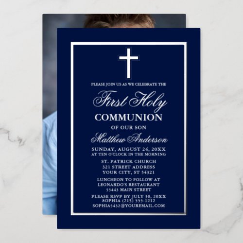 First Holy Communion Photo Cross Navy Blue Silver Foil Invitation