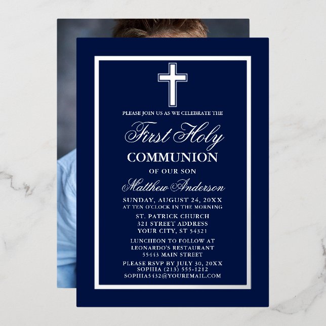 First Holy Communion Photo Cross Navy Blue Silver Foil Invitation (Front/Back)