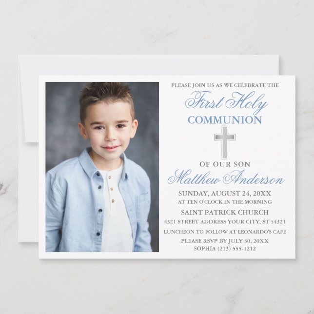 First Holy Communion Photo Dusty Blue and Silver  Invitation (Front)