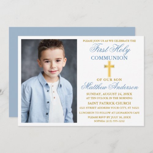 First Holy Communion Photo Dusty Blue Gold Invitation