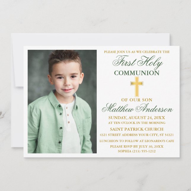 First Holy Communion Photo Emerald Green and Gold Invitation (Front)