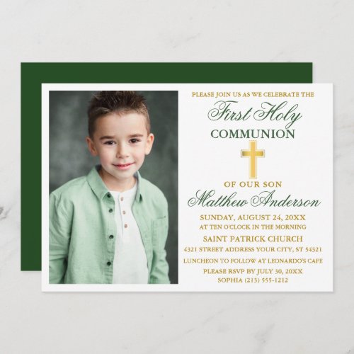 First Holy Communion Photo Emerald Green Gold Invitation