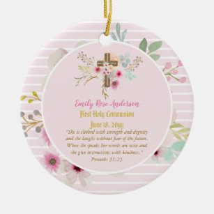 First Holy Communion PHOTO Gift Grils Pink Flowers Ceramic Ornament