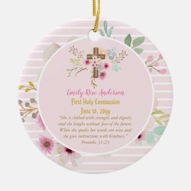 First Holy Communion PHOTO Gift Grils Pink Flowers Ceramic Ornament (Front)