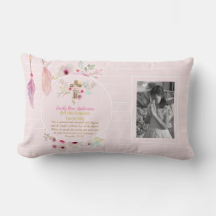 First Holy Communion PHOTO Gift Grils Pink Flowers Lumbar Pillow