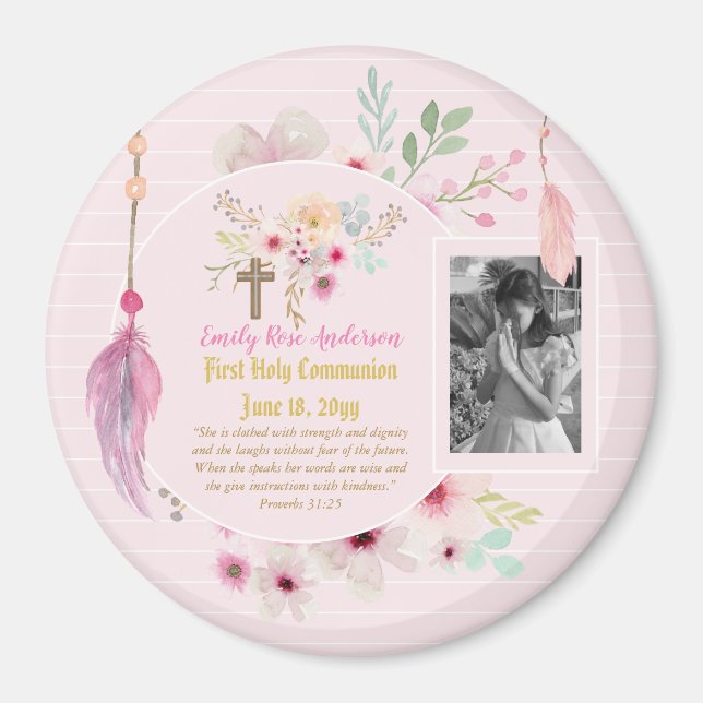 First Holy Communion PHOTO Gift Grils Pink Flowers Magnet (Front)