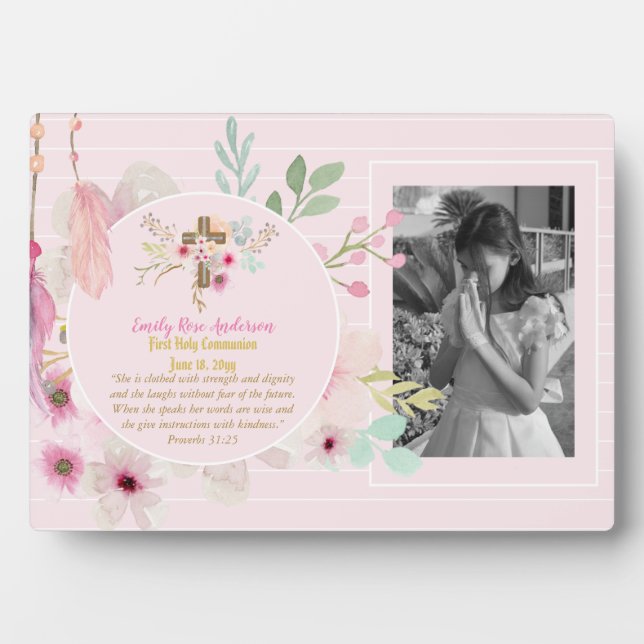First Holy Communion PHOTO Gift Grils Pink Flowers Plaque (Front)