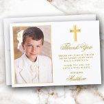 First Holy Communion Photo Gold Frame Thank You Card<br><div class="desc">Elegant First Holy Communion Thank You Card with Gold Cross. Photo Front. Gold Frame.</div>