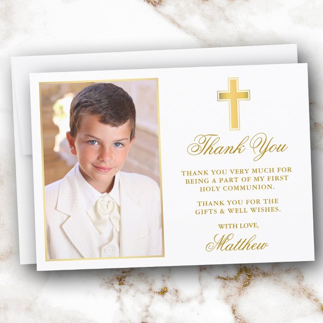 First Holy Communion Photo Gold Frame Thank You Card (Customize to add text or more photos to back of card.)
