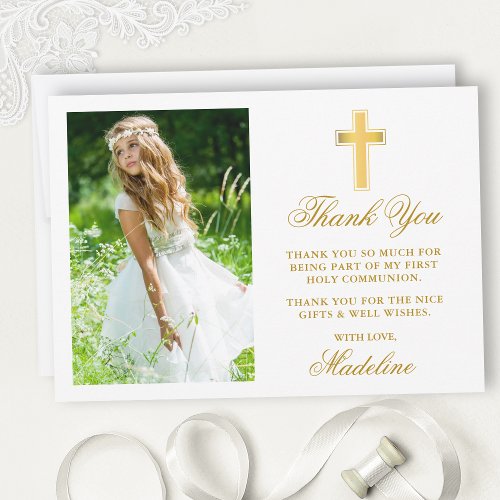First Holy Communion Photo Gold Rounded Thank You Card