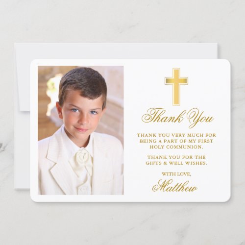 First Holy Communion Photo Gold Thank You Card