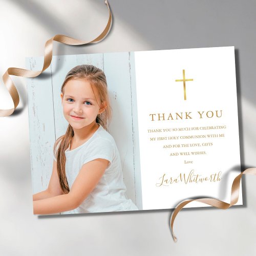 First Holy Communion Photo Gold Thank You Postcard
