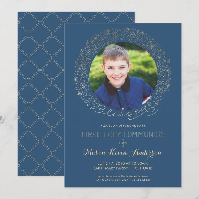 First Holy Communion Photo Invitation, Boys Invite (Front/Back)