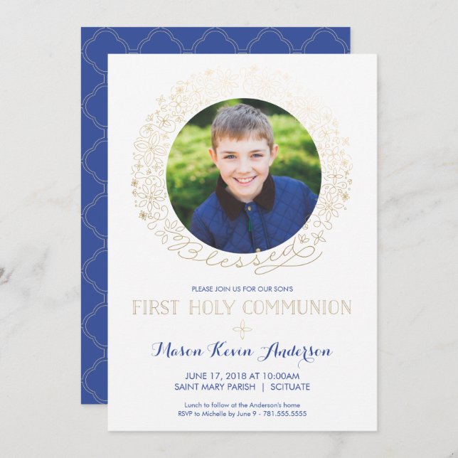 First Holy Communion Photo Invitation w/ Gold (Front/Back)