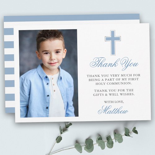 First Holy Communion Photo Light Blue Striped Thank You Card