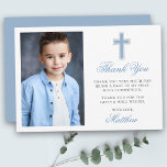First Holy Communion Photo Light Blue Thank You Card<br><div class="desc">Elegant First Holy Communion Thank You Card with Silver Cross. Photo Front. Light Blue Script.</div>