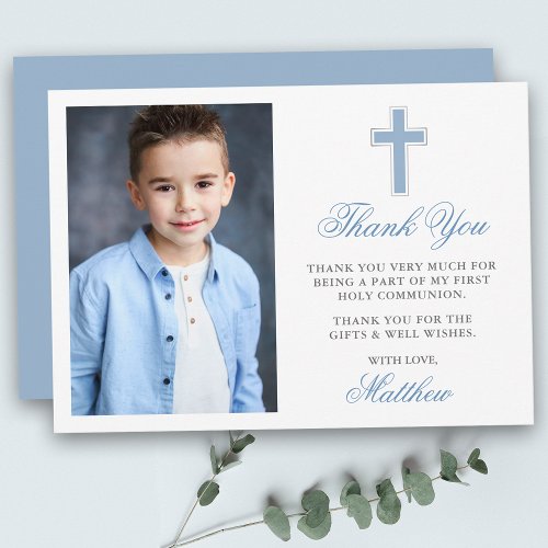 First Holy Communion Photo Light Blue Thank You Card