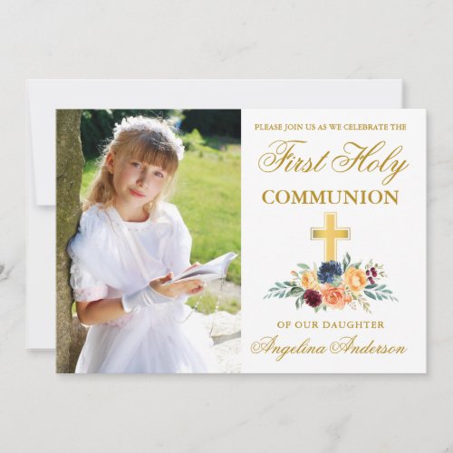First Holy Communion Photo Mixed Floral Greenery Invitation