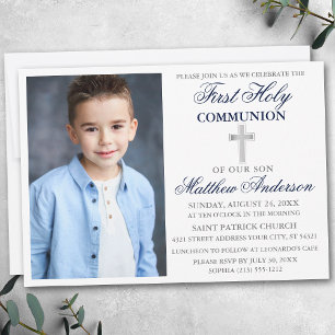 First Holy Communion Photo Navy Blue and Silver Invitation