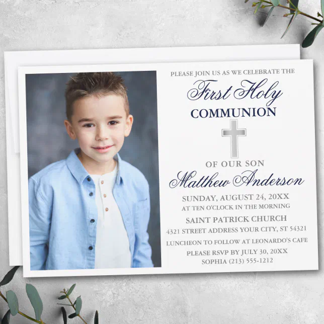 First Holy Communion Photo Navy Blue and Silver Invitation | Zazzle