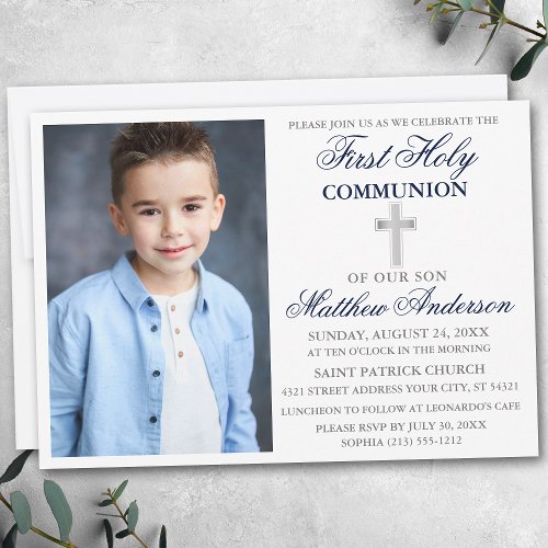 First Holy Communion Photo Navy Blue and Silver Invitation