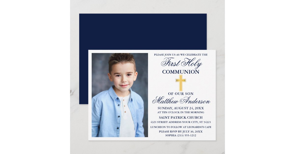 First Holy Communion Photo Navy Blue Gold Cross Invitation | Zazzle