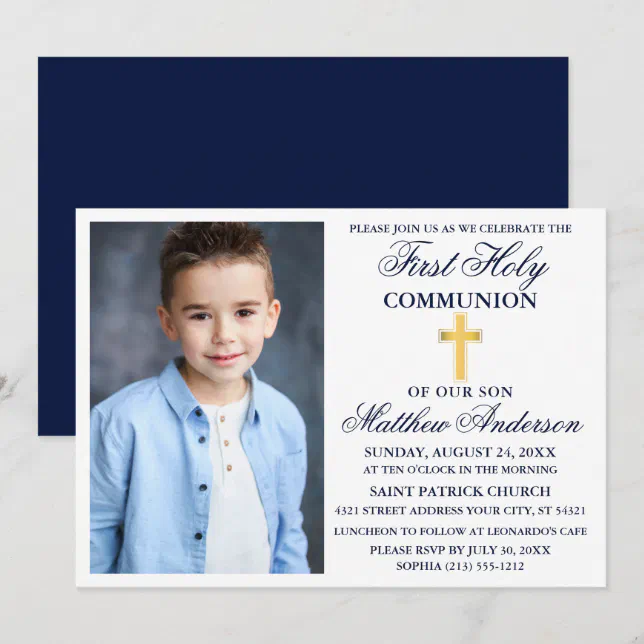 First Holy Communion Photo Navy Blue Gold Cross Invitation | Zazzle