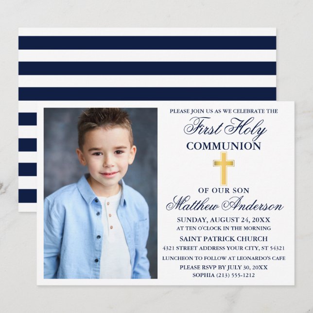First Holy Communion Photo Navy Blue Gold Striped Invitation (Front/Back)