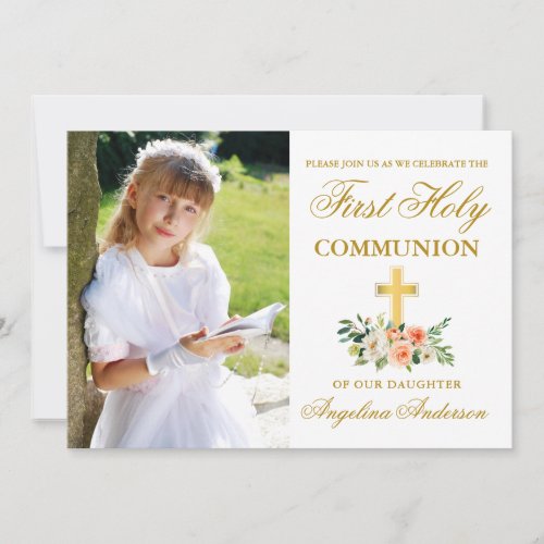 First Holy Communion Photo Peach Floral Gold Invitation