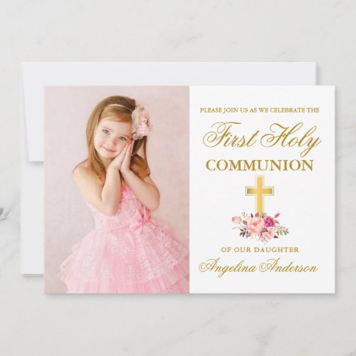 First Holy Communion Photo Pink Floral Invitation